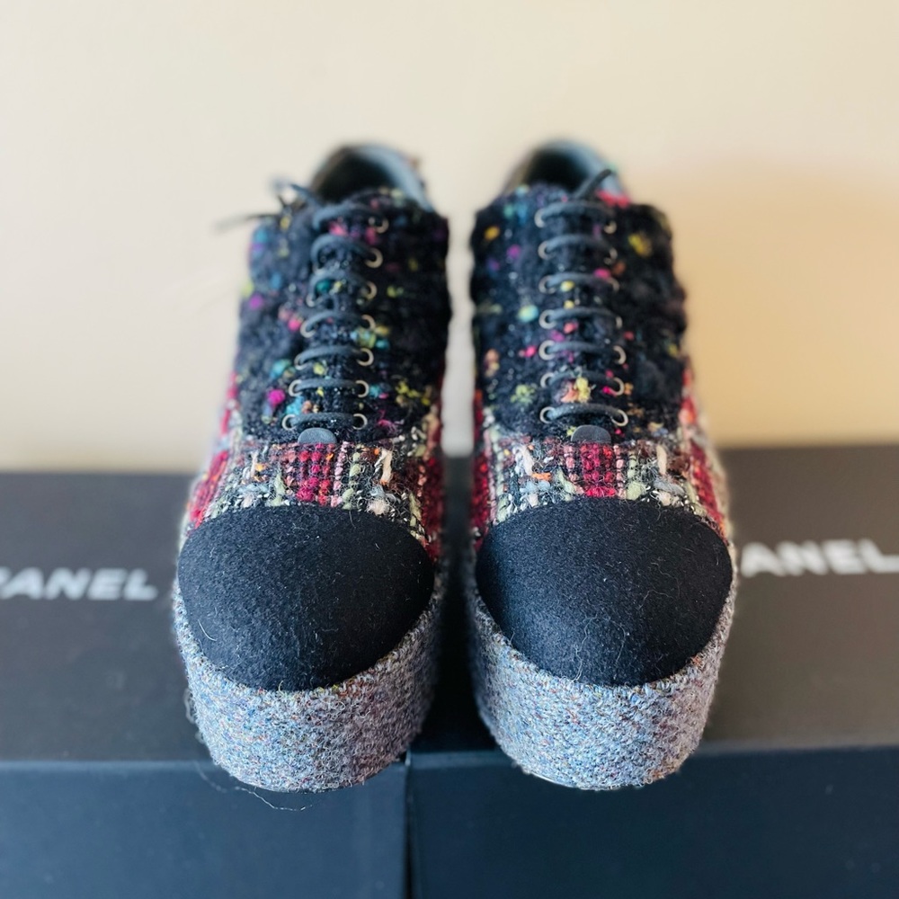 CHANEL Multicolor Tweed Platform Shoes